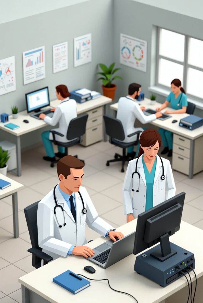 Flat illustration of healthcare clinicians working at networked computer workstations, representing PHI exposure risks from legacy systems, unpatched software, and limited visibility into connected medical devices.