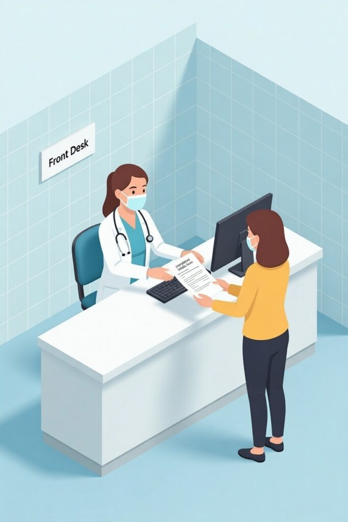 Flat illustration of a clinic front desk where a patient hands paper forms to staff, representing PHI exposure risks from misplaced intake documents, visible schedules, and improper paper record handling.