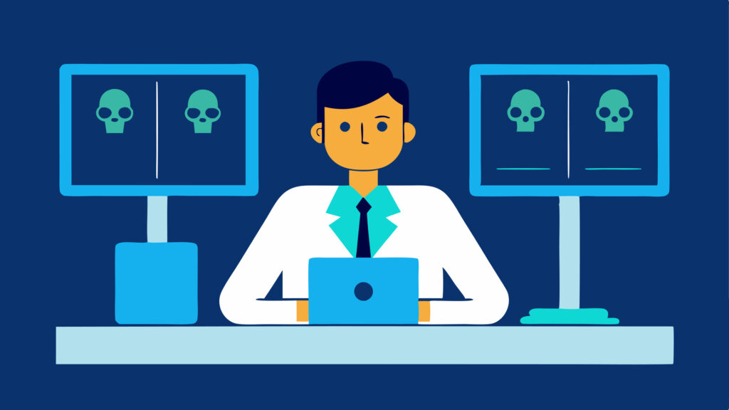 Flat illustration of a professional at a computer with ransomware warning symbols on monitors, representing PHI exposure risks from data exfiltration, hacking, and healthcare ransomware attacks.