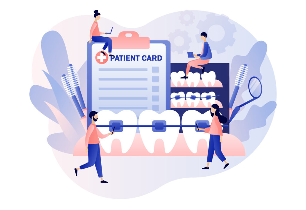 Illustration of dental team working around systems and patient records during dental imaging downtime, highlighting schedule compression, overtime, and workflow strain.