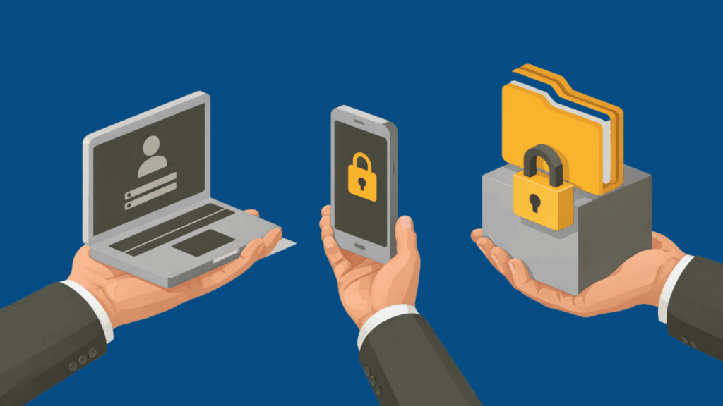 Secure client access illustration showing hands holding a laptop with user login, a smartphone with a security lock, and encrypted folders, representing Zero Trust identity protection and access control.