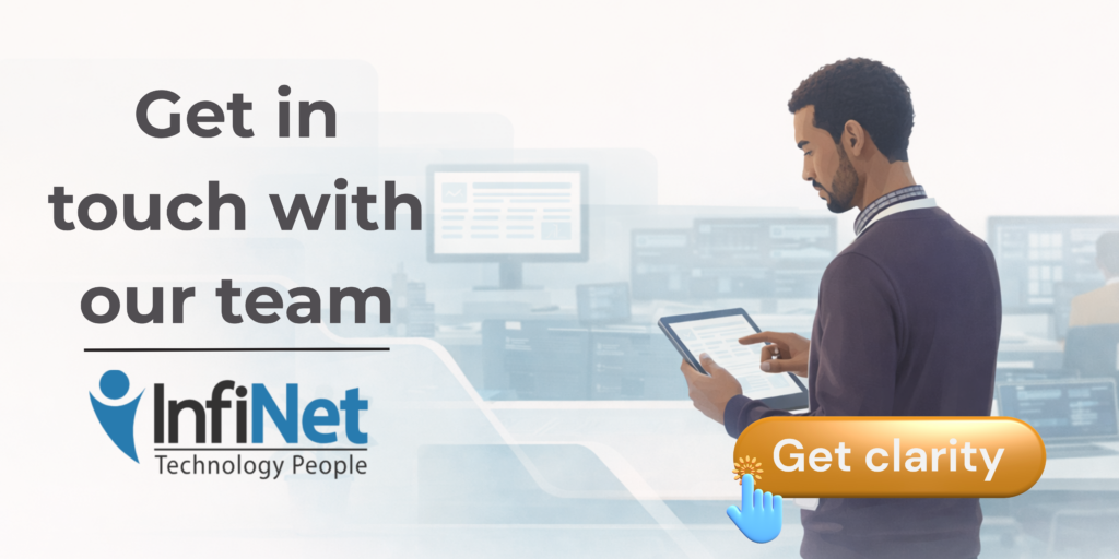 Professional man using a tablet in an office setting with “Get in touch with our team” and InfiNet branding.