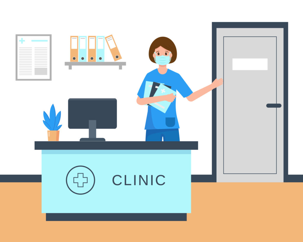 Flat illustration of a small healthcare clinic front desk with a staff member holding patient files, representing PHI exposure risks in small and mid-sized practices with limited oversight and informal access controls.
