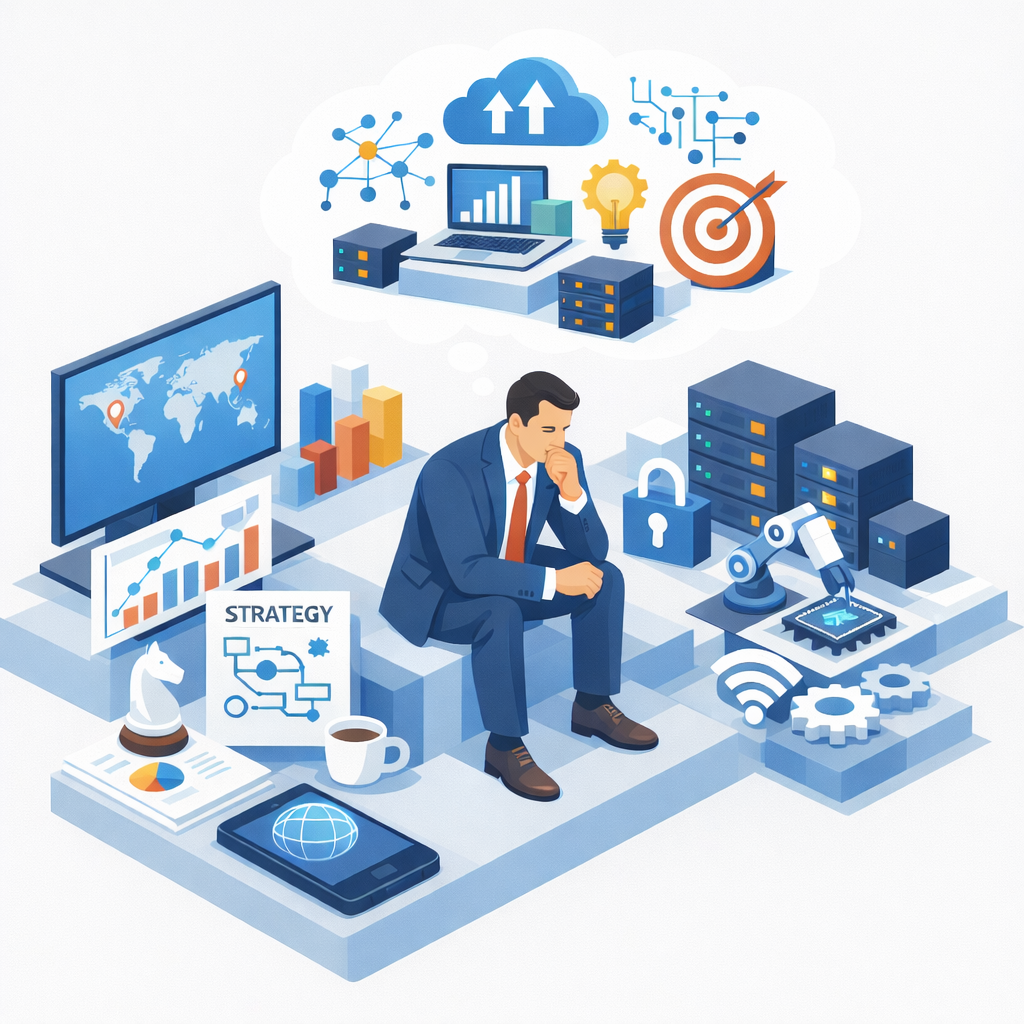 Business Continuity Planning for Small and Medium Businesses illustration showing a leader reviewing systems, backups, cybersecurity, and cloud infrastructure—representing proactive planning and managed IT services support from a managed service provider in Omaha.