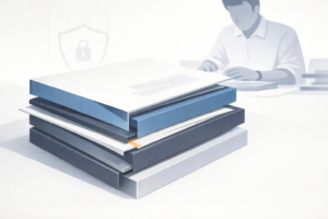 Illustration of stacked tax documents and secure data layers highlighting tax season security risks related to data protection, access control, and sensitive financial information handling.