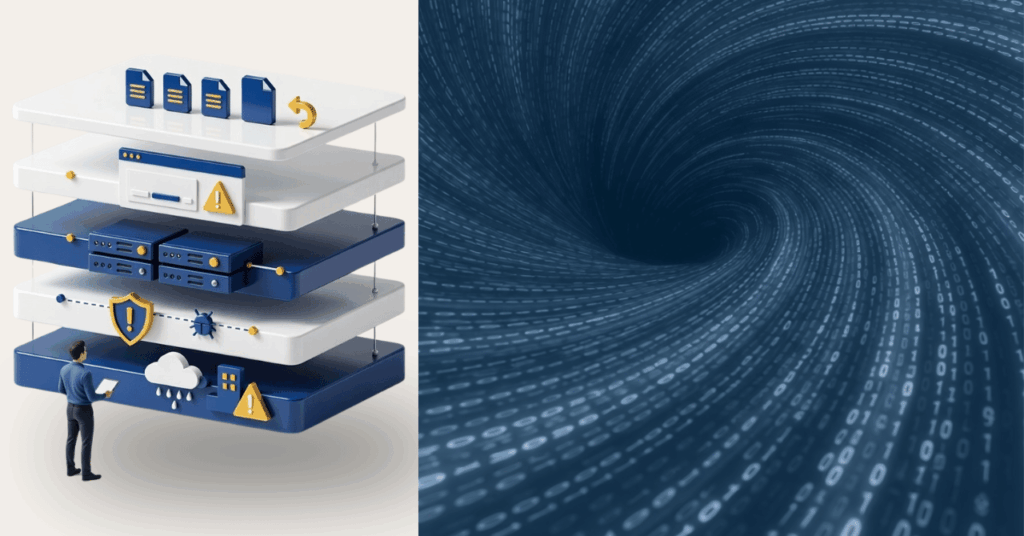 Illustration representing the Most Common Causes of Data Loss, showing layered IT infrastructure, backups, security controls, and monitoring alongside a digital data tunnel symbolizing data flow and risk across interconnected systems.