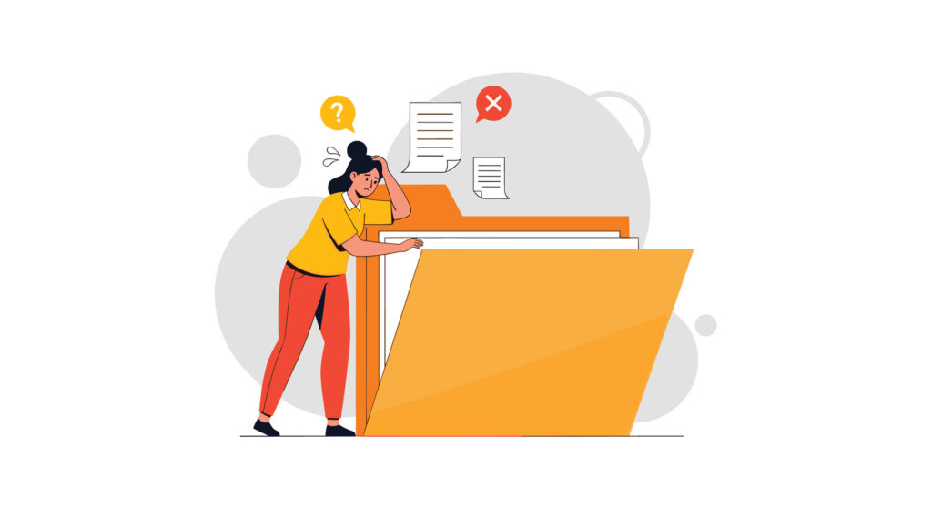 Illustration of confused staff reviewing files representing tax season security risks caused by unclear ownership and overlapping approvals.