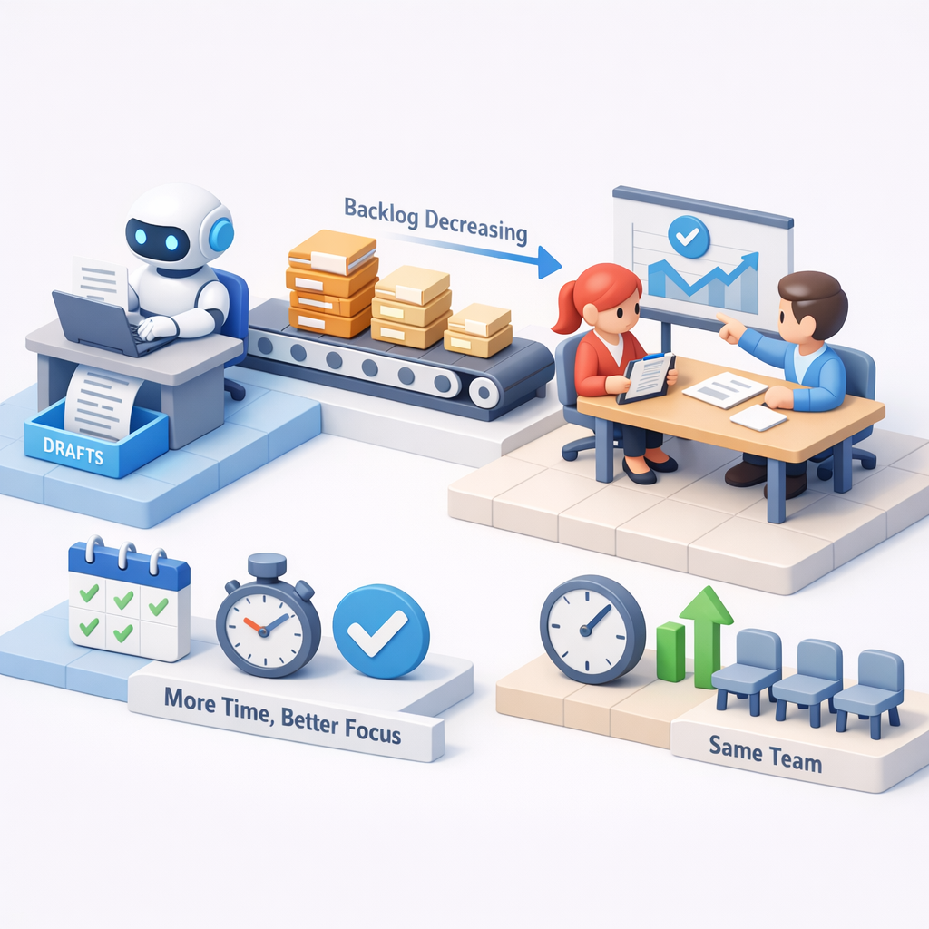 Illustration of AI assisting with tasks and reducing backlog, representing AI workflow efficiency that helps work move faster and smoother