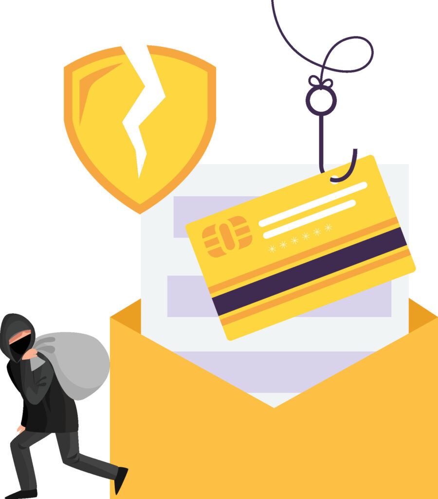 Illustration representing the Most Common Causes of Data Loss, focusing on compromised credentials such as phishing, MFA fatigue, and token abuse, with visuals of a phishing hook, cracked security shield, stolen credit card, and unauthorized account access.