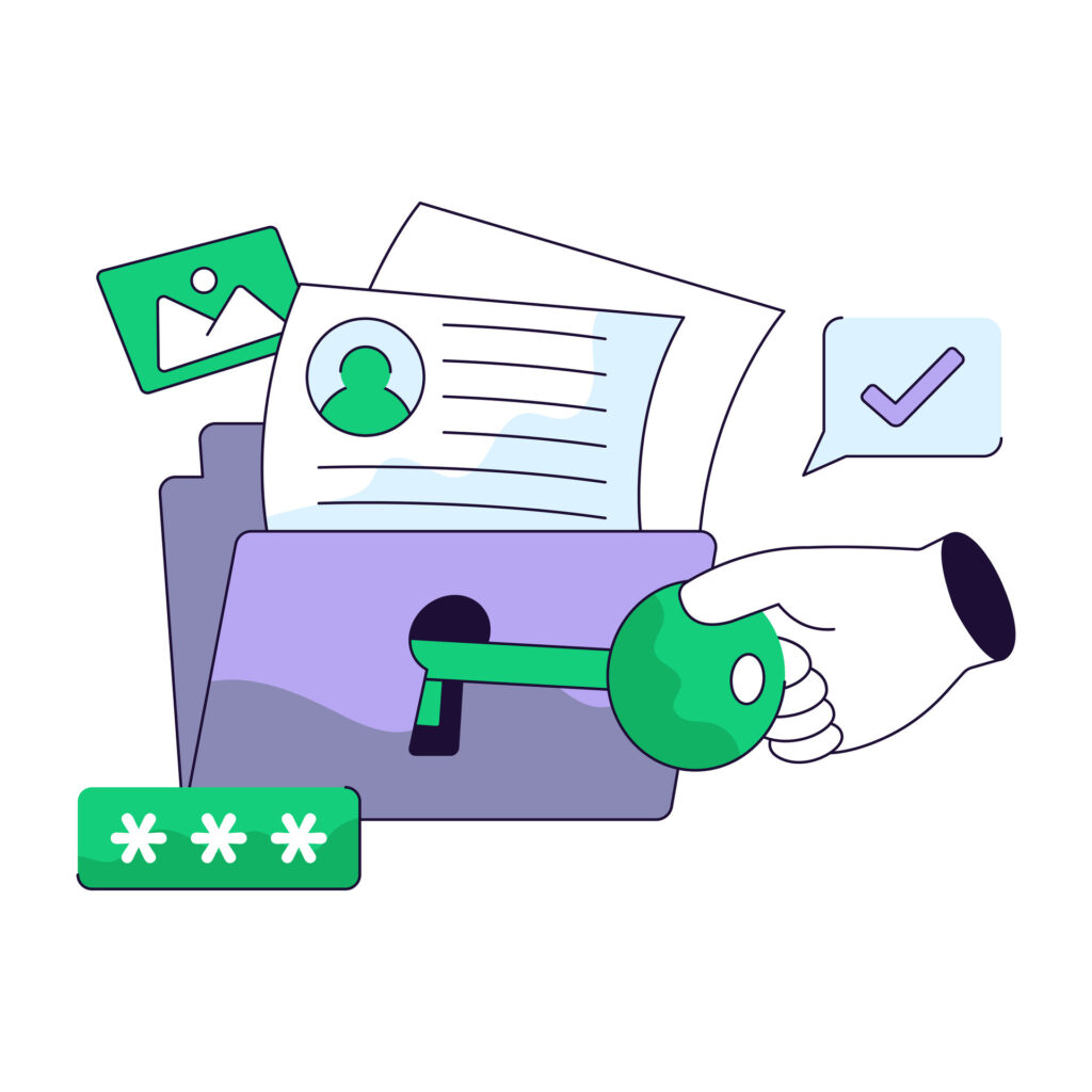 Illustration showing documents and user credentials protected by a key, representing how admin rights control access and permissions in a secure business environment.