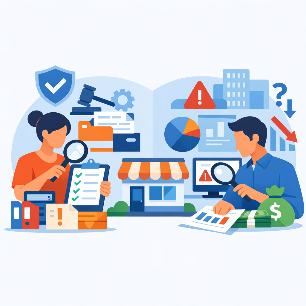 Illustration showing auditors reviewing documents and security indicators, representing how unclear admin rights increase compliance and audit risk for regulated businesses.