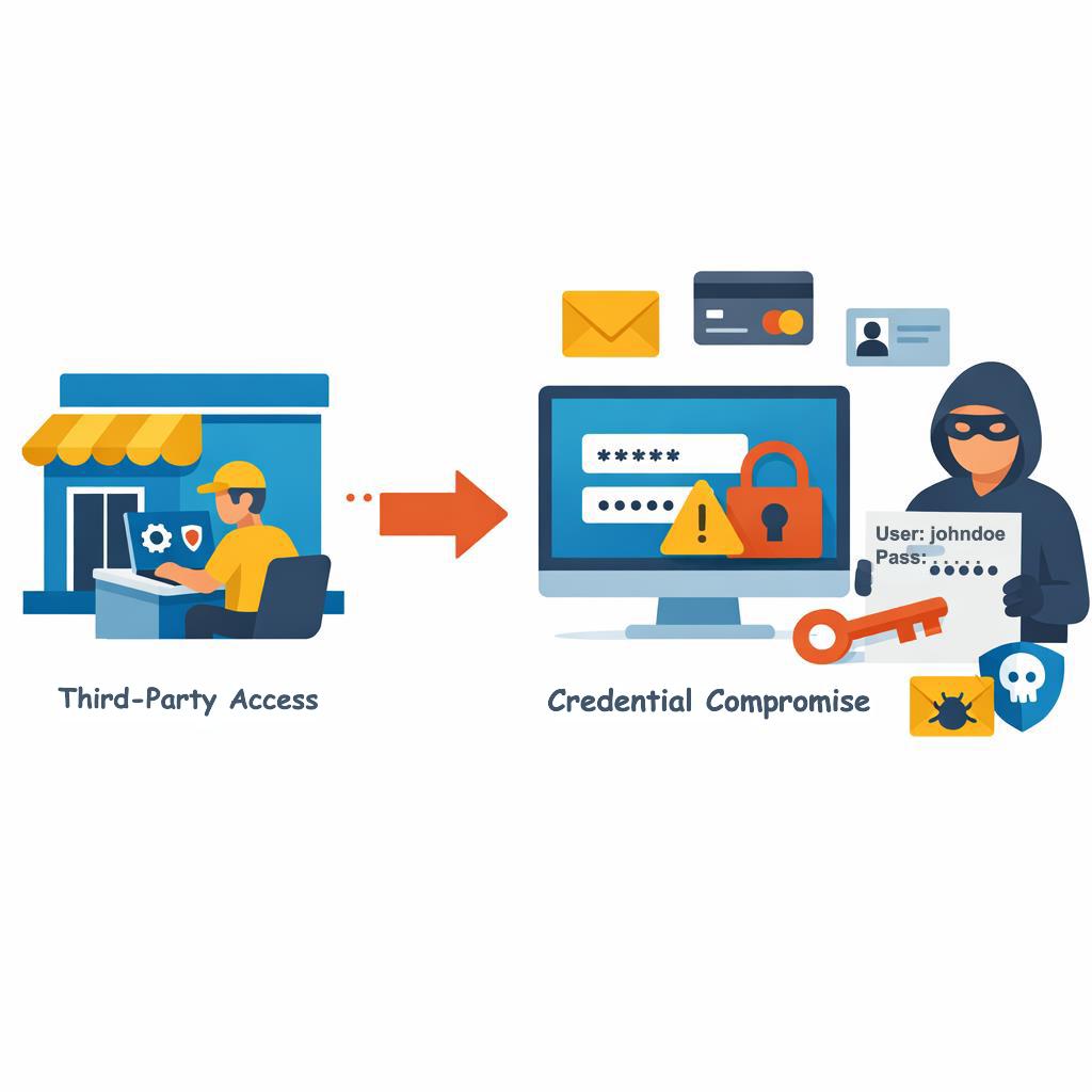 Illustration showing third‑party vendor access leading to credential compromise, representing how standing admin rights for external users can expose business systems.