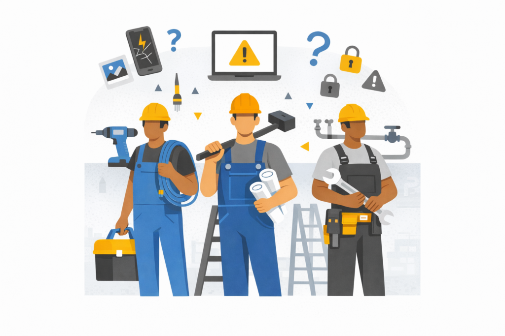 Alt text: A group of construction workers with tools and equipment, surrounded by digital warning icons and devices, illustrating how IT risks for contractors can impact everyday job-site operations and decision-making.