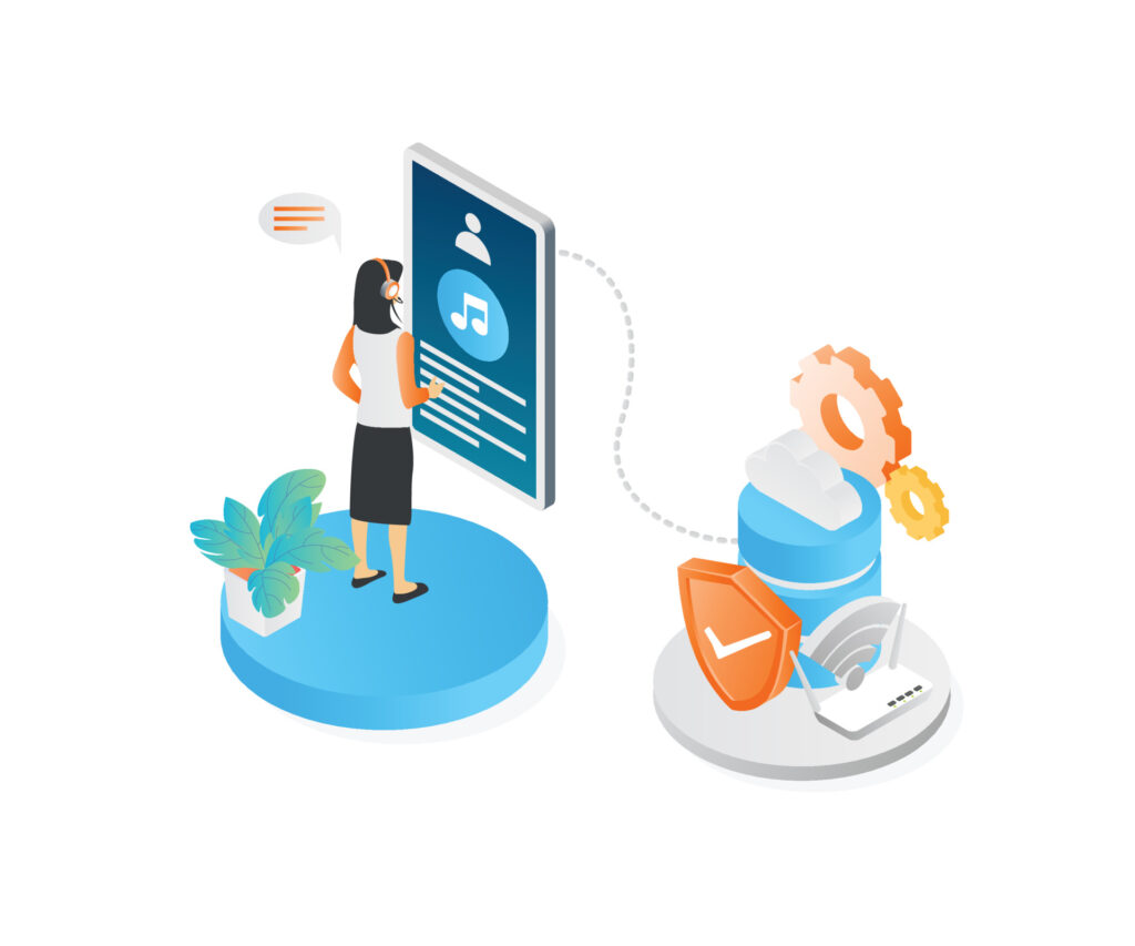 Illustration representing secure client access using Zero Trust Network Access (ZTNA), showing a professional securely connecting to a specific application through a verified session while security controls and system settings manage and monitor the connection.