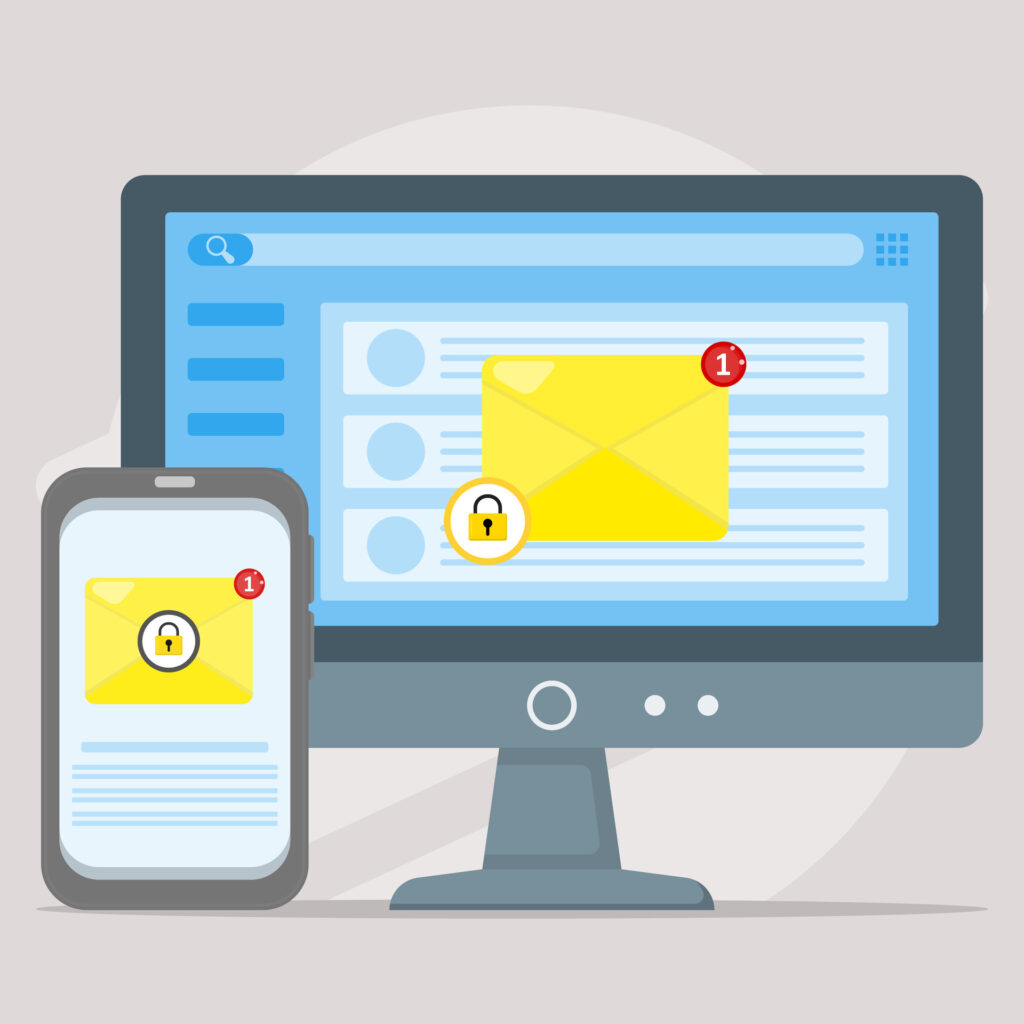 Illustration representing the Most Common Causes of Data Loss, highlighting business email compromise (BEC) with unauthorized mailbox access, phishing alerts, locked email messages, and financial fraud risk across desktop and mobile devices.