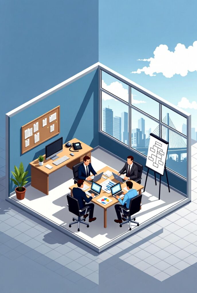 Illustration of a team reviewing a one‑page business impact analysis, showing how business continuity planning for small and medium businesses prioritize critical functions and recovery decisions.