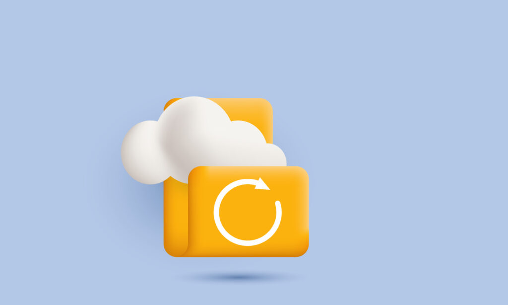 Illustration of the 3-2-1 Backup Rule showing a cloud connected to a backup folder with a refresh symbol, representing offsite cloud storage for secure and redundant data recovery.