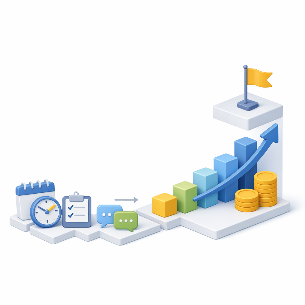Illustration of growth and performance metrics representing how AI workflow efficiency compounds into measurable business impact over time