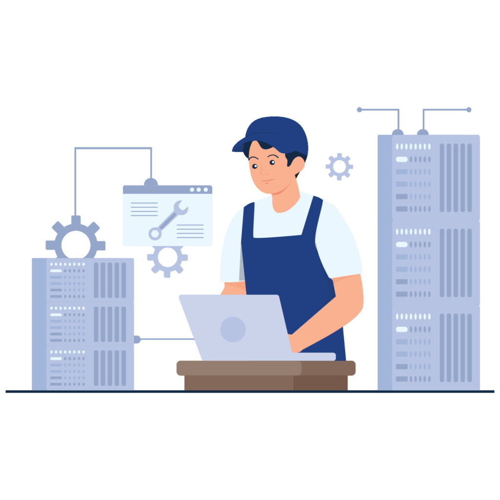 A worker accessing shared systems and tools, representing how IT risks for contractors develop through shared logins and limited visibility on job sites.