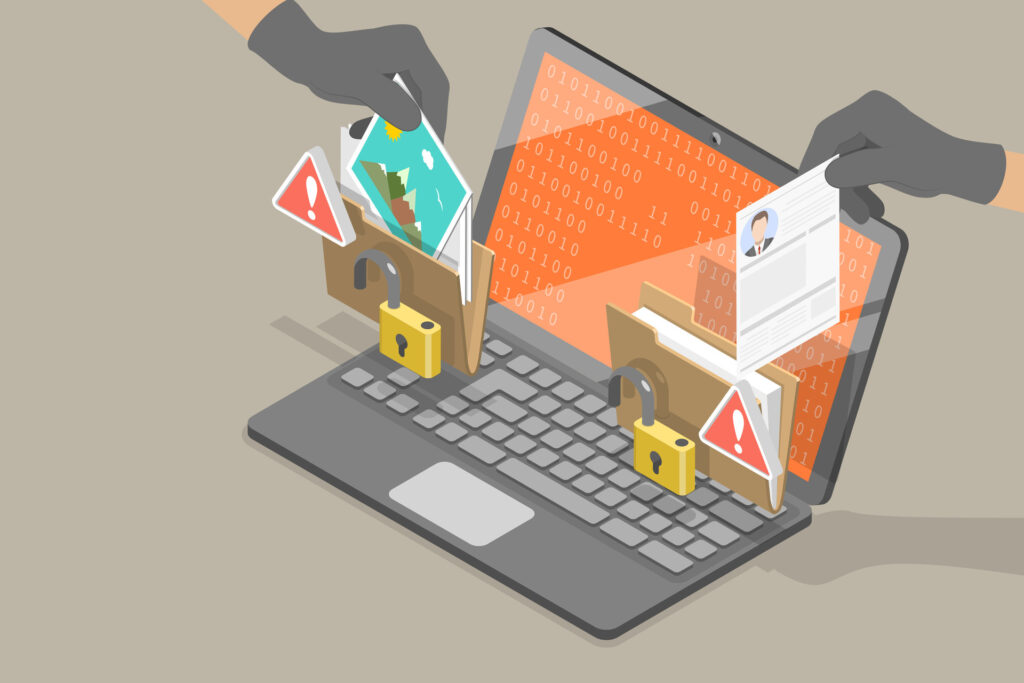 Illustration representing the Most Common Causes of Data Loss, showing hardware failure and backup risks with corrupted files, locked folders, warning symbols, and attempted data theft from a business laptop system.