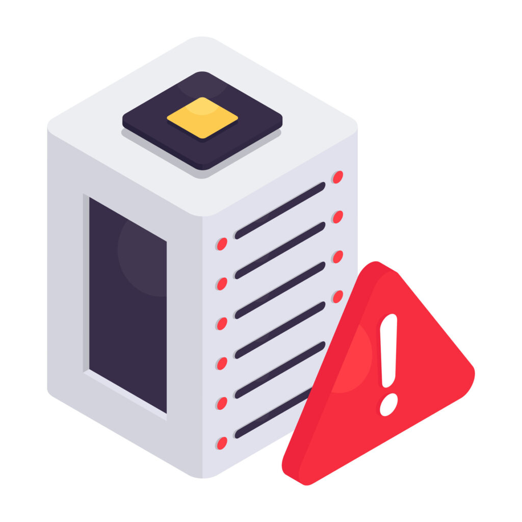 Illustration representing the Most Common Causes of Data Loss, highlighting unpatched vulnerabilities and exposed services with a server tower and warning symbol indicating security gaps in internet-facing systems.