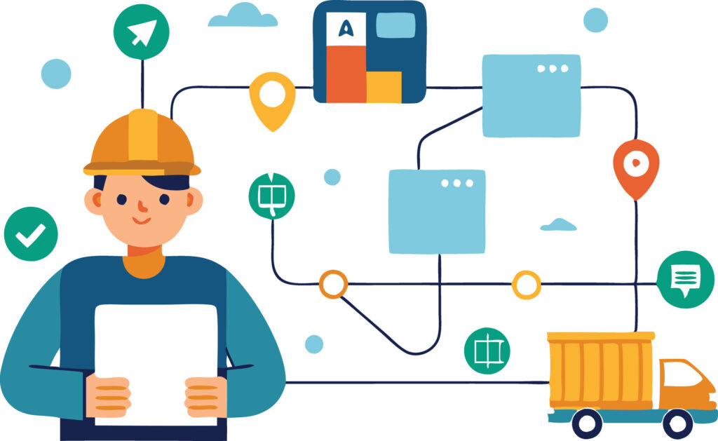 A job-site worker surrounded by connected systems and data flows, showing how IT risks for contractors arise when information moves faster than visibility.