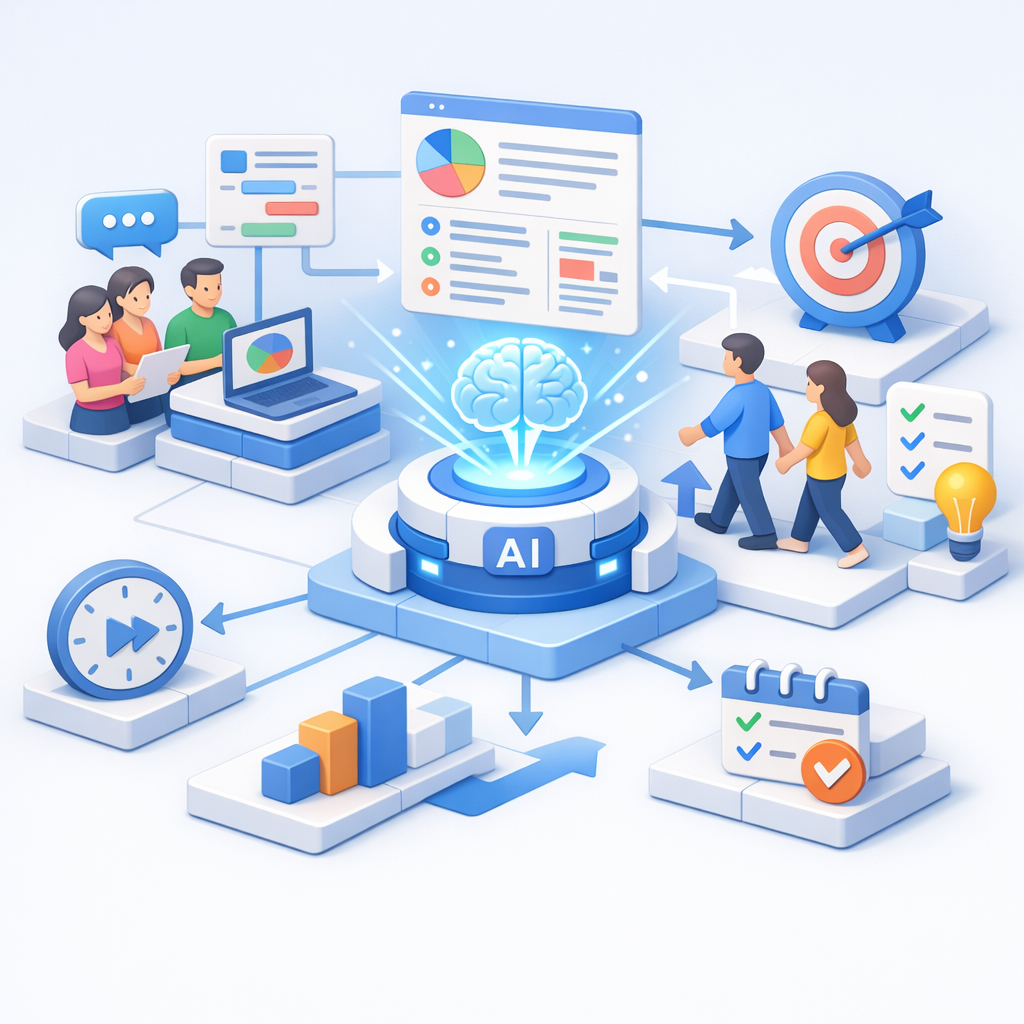 Illustration of AI connecting data and teams to support faster decisions, highlighting AI workflow efficiency through improved clarity and alignment