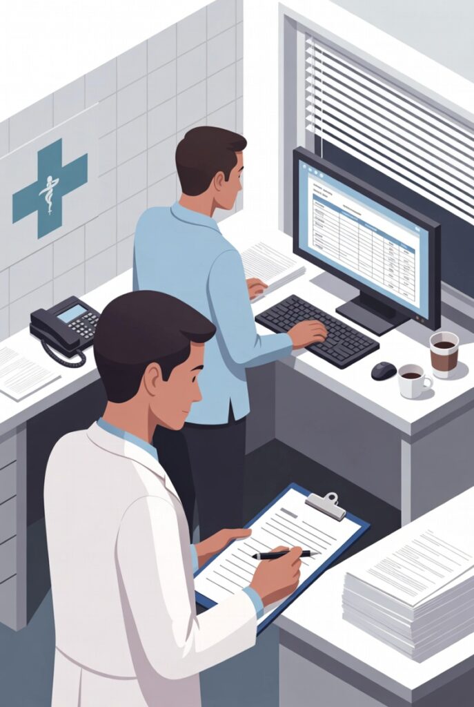 Flat illustration of healthcare staff reviewing vendor records and system dashboards, representing PHI exposure risks from third-party access, undocumented vendor oversight, and limited visibility into patient data security controls.
