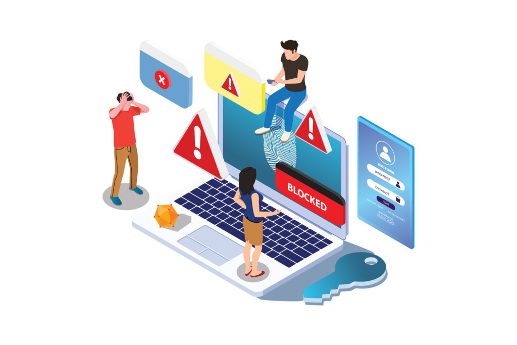 Illustration representing the Most Common Causes of Data Loss, showing human error scenarios like accidental deletion, security warnings, blocked access screens, and user authentication issues within a business system.