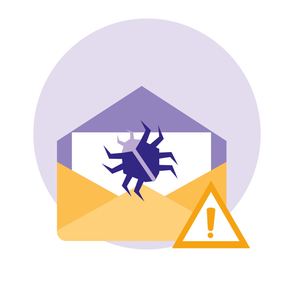 Illustration of an email containing malware with a warning symbol, highlighting how excessive admin rights can increase exposure to malicious attachments and system compromise.