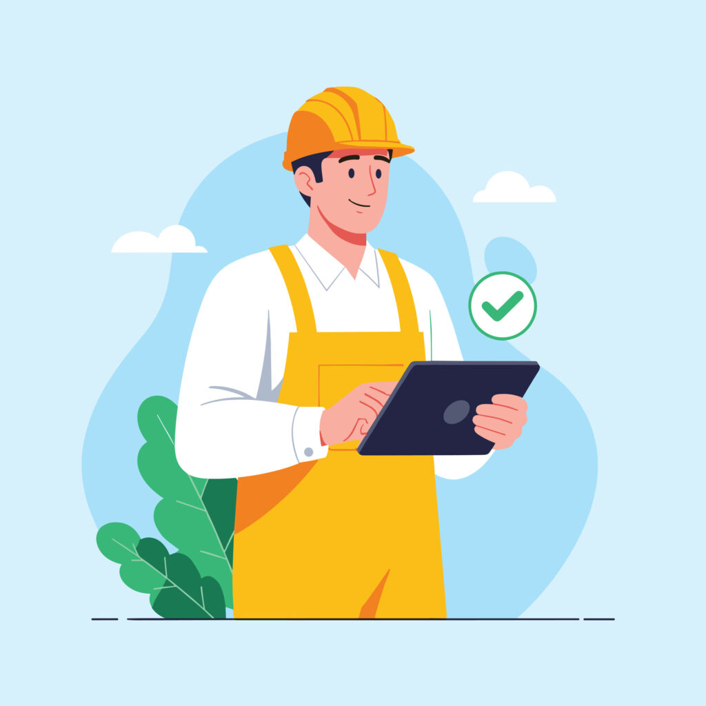 A construction worker using a tablet on a job site, illustrating how IT risks for contractors often stem from mobile device use and mixed work-personal data.