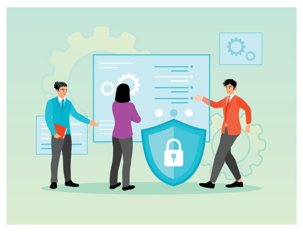 Illustration depicting secure client access with contextual access controls, showing professionals reviewing security policies while a shield and system dashboard represent risk-based access decisions based on device compliance, location, login behavior, and network conditions.