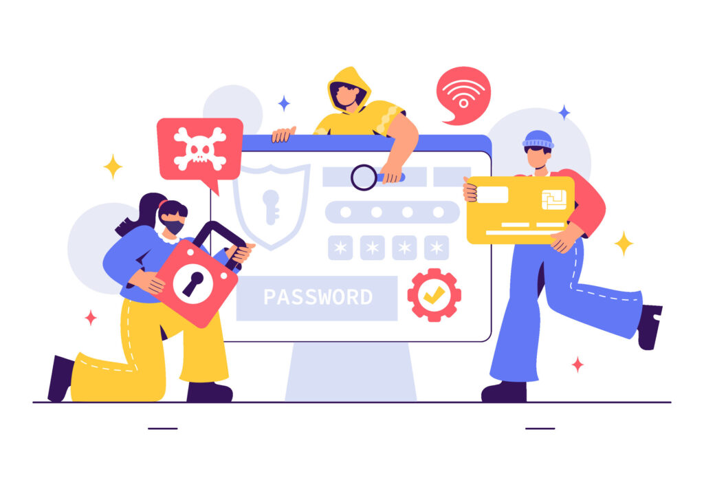 Illustration showing stolen credentials being used to access systems, representing how compromised passwords tied to admin rights allow attackers to escalate access across environments.