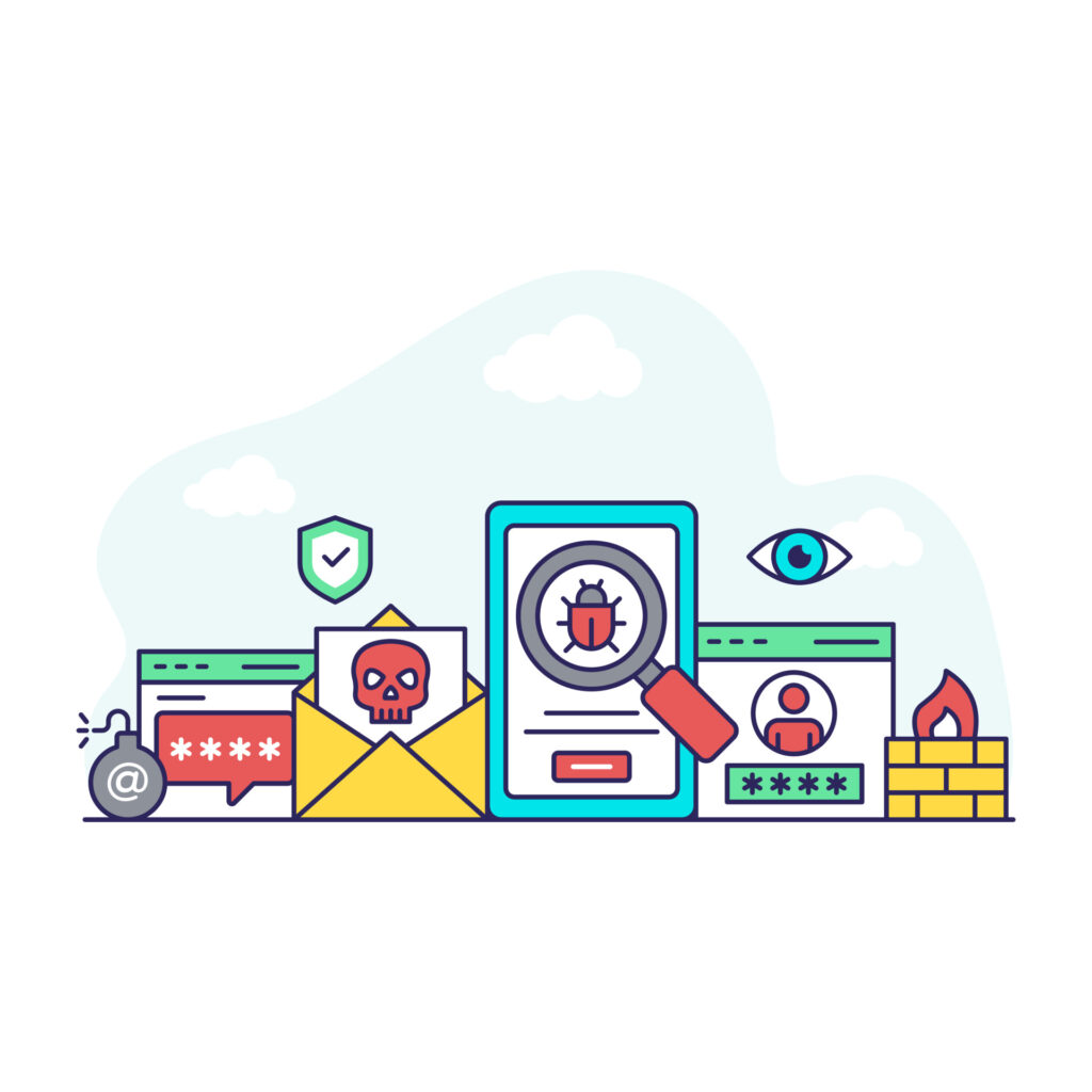 Illustration related to secure client access, showing cybersecurity monitoring tools detecting suspicious activity such as phishing emails, unusual logins, and malware through systems like EDR, SIEM, and user behavior analytics.