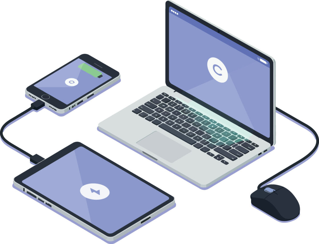 Illustration related to secure client access, showing a laptop connected to multiple devices including a smartphone and tablet, representing identity verification, device validation, and controlled access to cloud-based business systems across different endpoints.